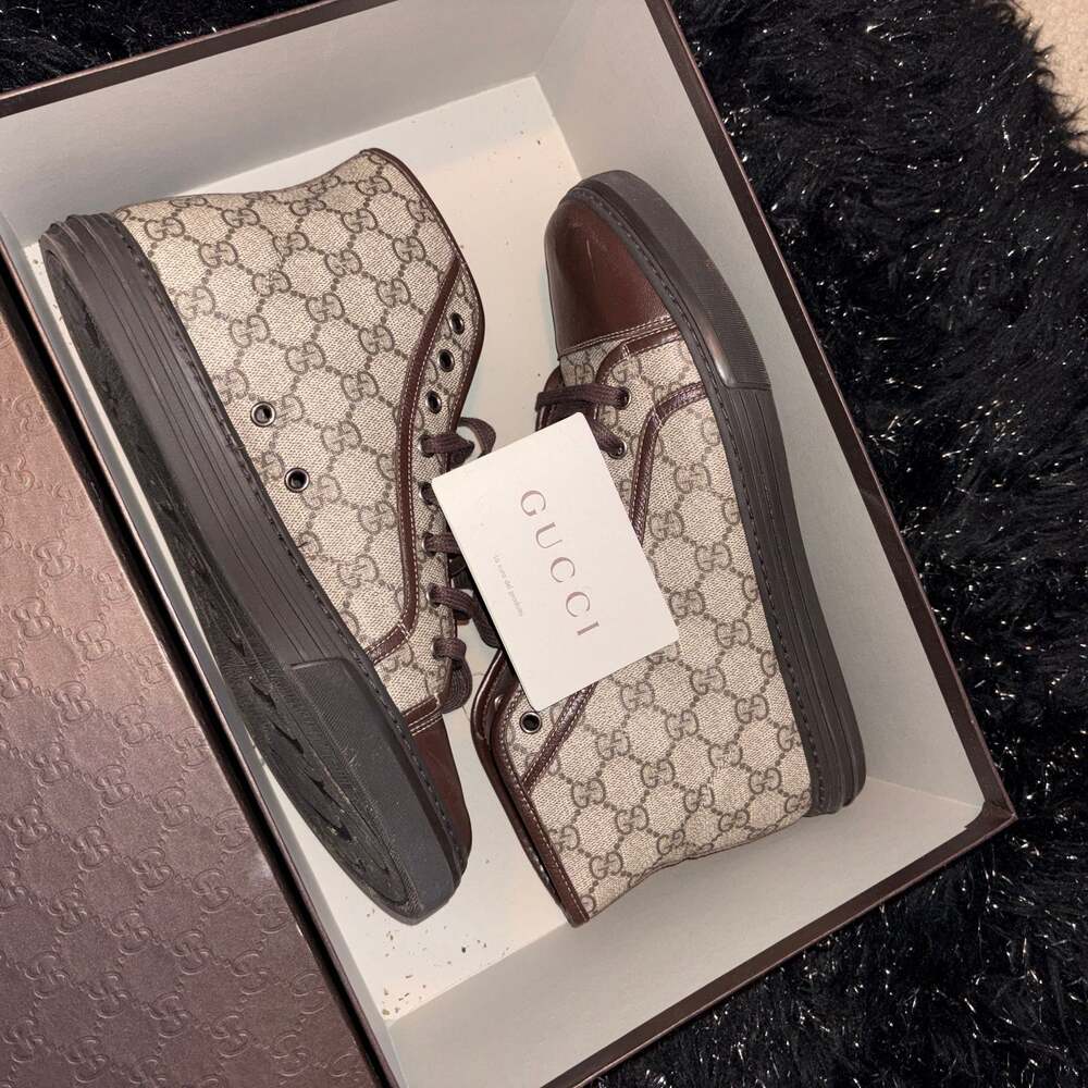 Vintage Gucci GG Supreme High Top Sneakers in Beige and Ebony Mens 8.5 - Picture 2 of 9